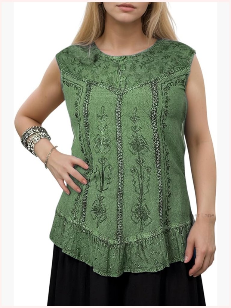 Sleeveless Embroidered Bohemian Blouse Tank Top - Rayon Summer Top
